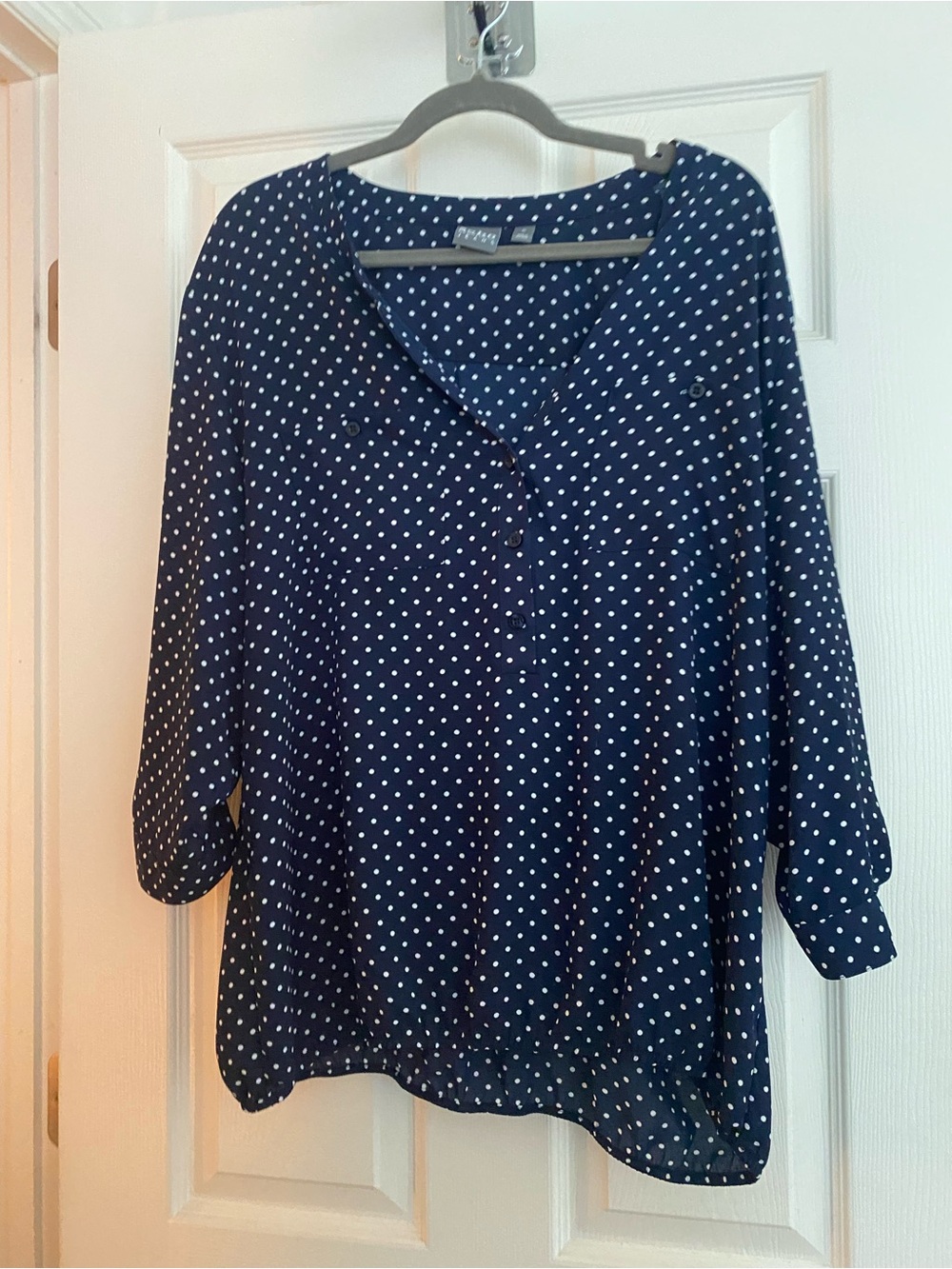 New York & Company Navy and White Polka Dot Button-Front Blouse-XL